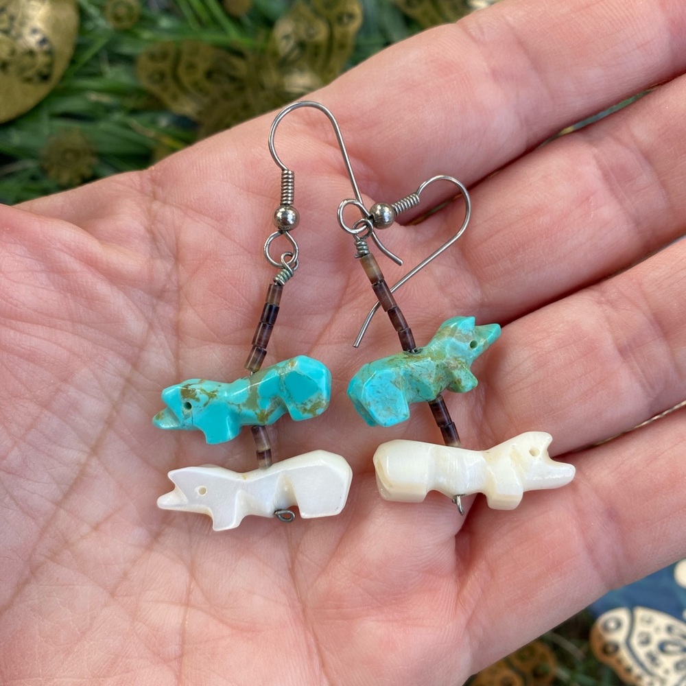 Native American Carved Turquoise Animal Fetish Dangle Earrings